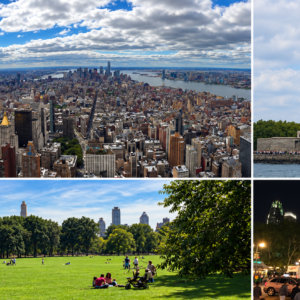 4 Tage New York: Freiheitsstatue, Skyline und Central Park Vier Tage New York: Collage aus Manhattan-Skyline, Freiheitsstatue, Central Park und Empire State Building bei Nacht