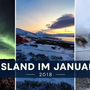 Island im Januar 2018 Island im Januar 2018: Collage aus Nordlichtern, verschneitem Fjord und heißer Quelle