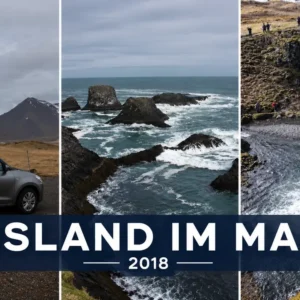 Ìsland im Mai 2018 Island im Mai 2018: Collage aus Mietwagen, Felsküste und Wasserfall