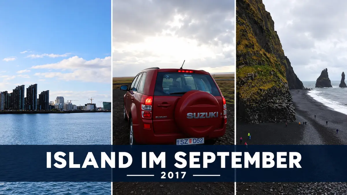 Island im September 2017 Island im September 2017: Collage aus Reykjavík, Mietwagen und schwarzem Strand