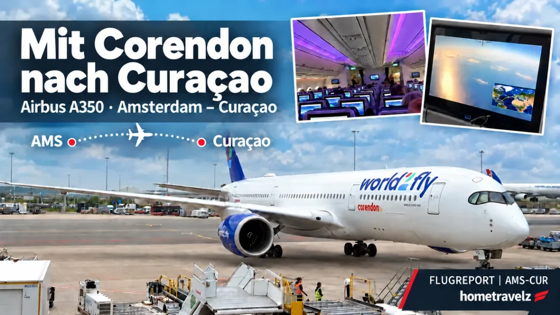 Corendon Airbus A350 am Flughafen Amsterdam mit Kabine und Flugroute nach Curaçao.