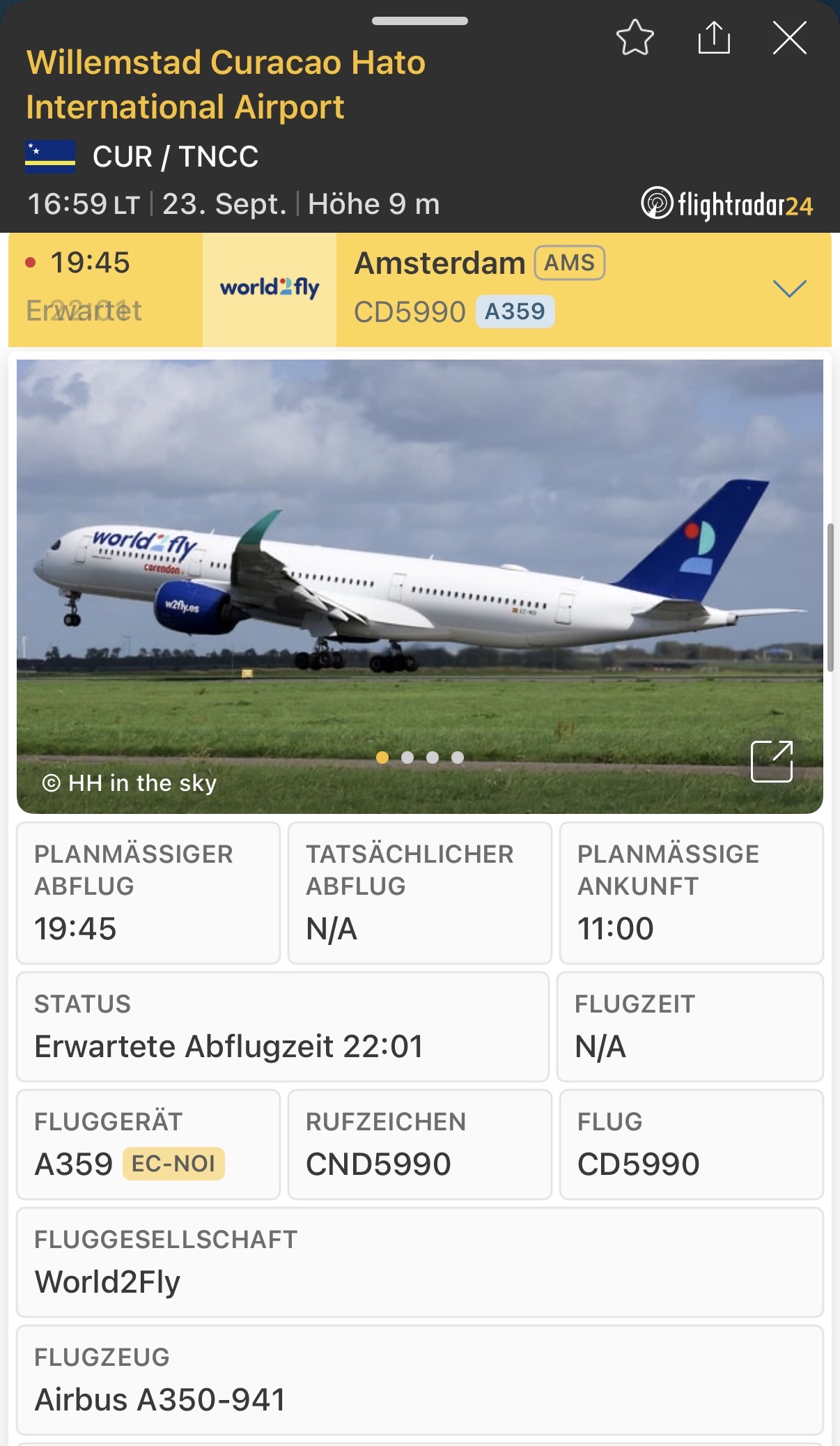 Nachtflug mit Corendon A350 von Curaçao nach Amsterdam World2Fly A350 Curaçao
