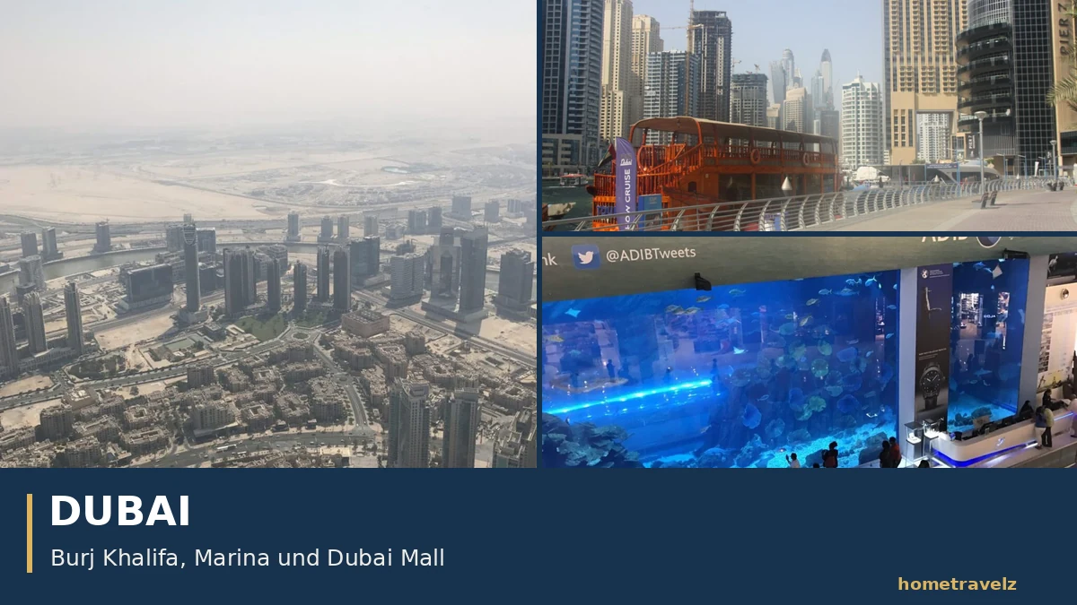 Vereinigte Arabische Emirate Dubai-Collage aus drei eigenen Fotos: Aussicht vom Burj Khalifa, Marina und Aquarium der Dubai Mall.
