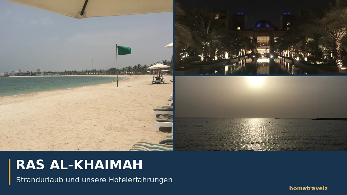 Vereinigte Arabische Emirate Ras-al-Khaimah-Collage aus drei eigenen Fotos: Sandstrand, Hotelpool bei Nacht und Sonnenuntergang am Meer.